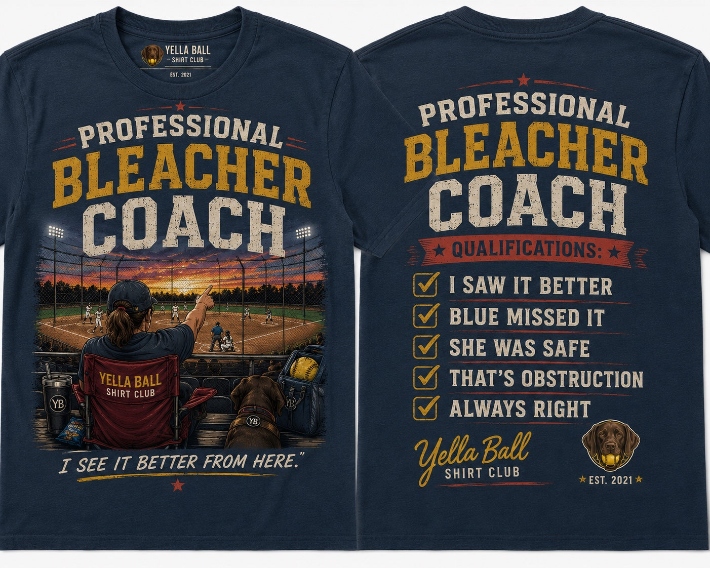 Professional Bleacher Coach navy shirt, front and back