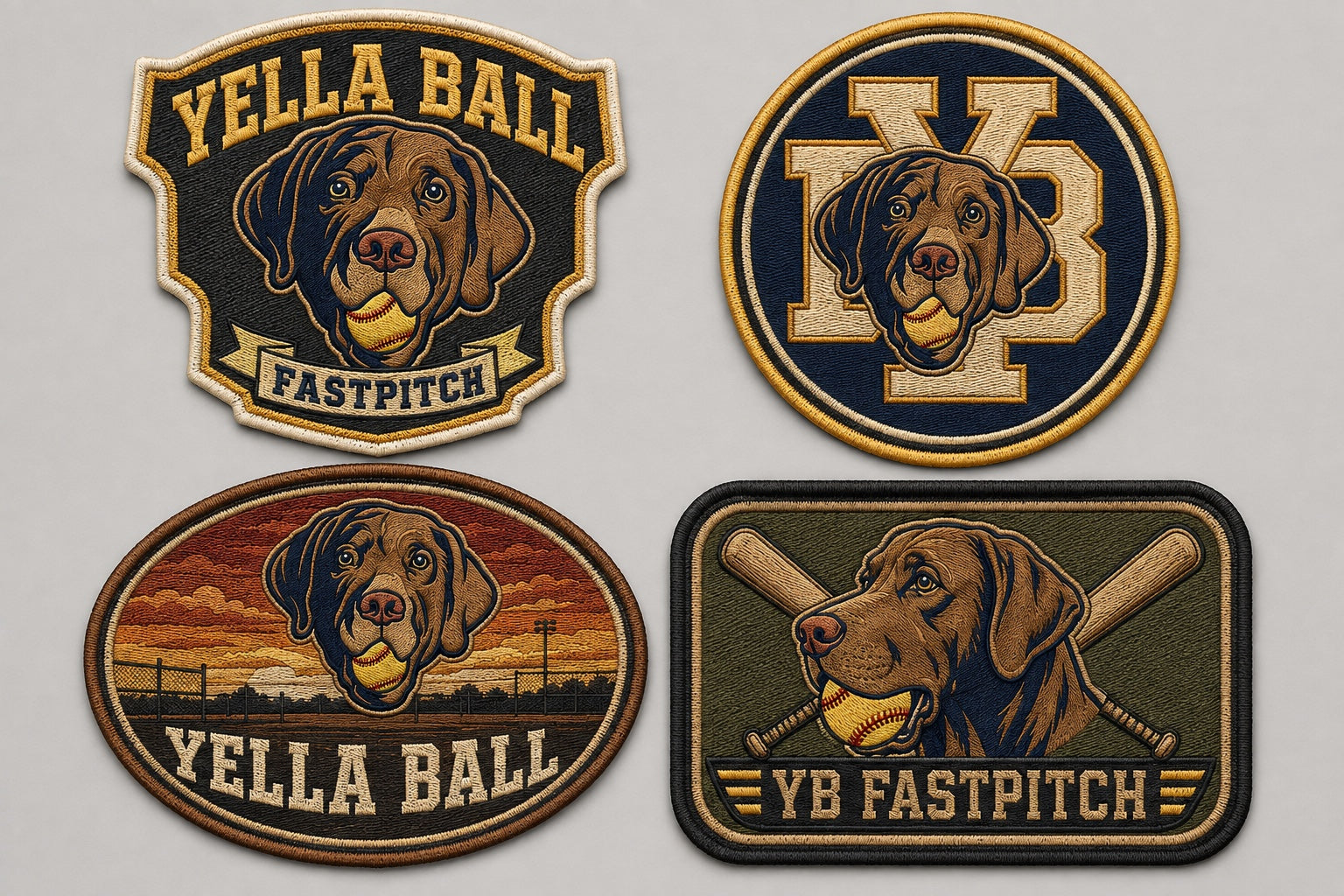 Classic Yella Ball fastpitch, monogram, sunset and crossed-bat patches