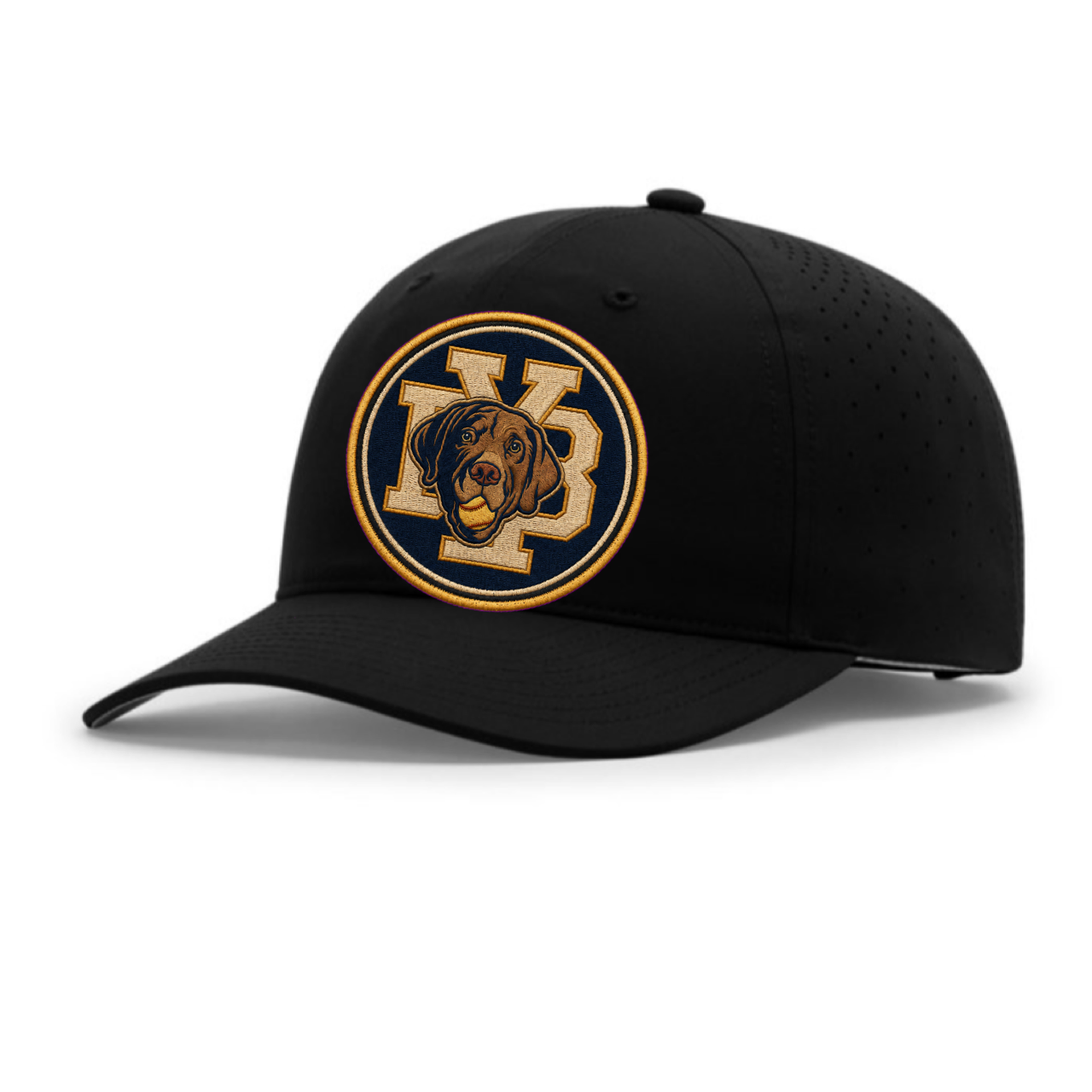 Black cap with a gold and navy YB Drake patch