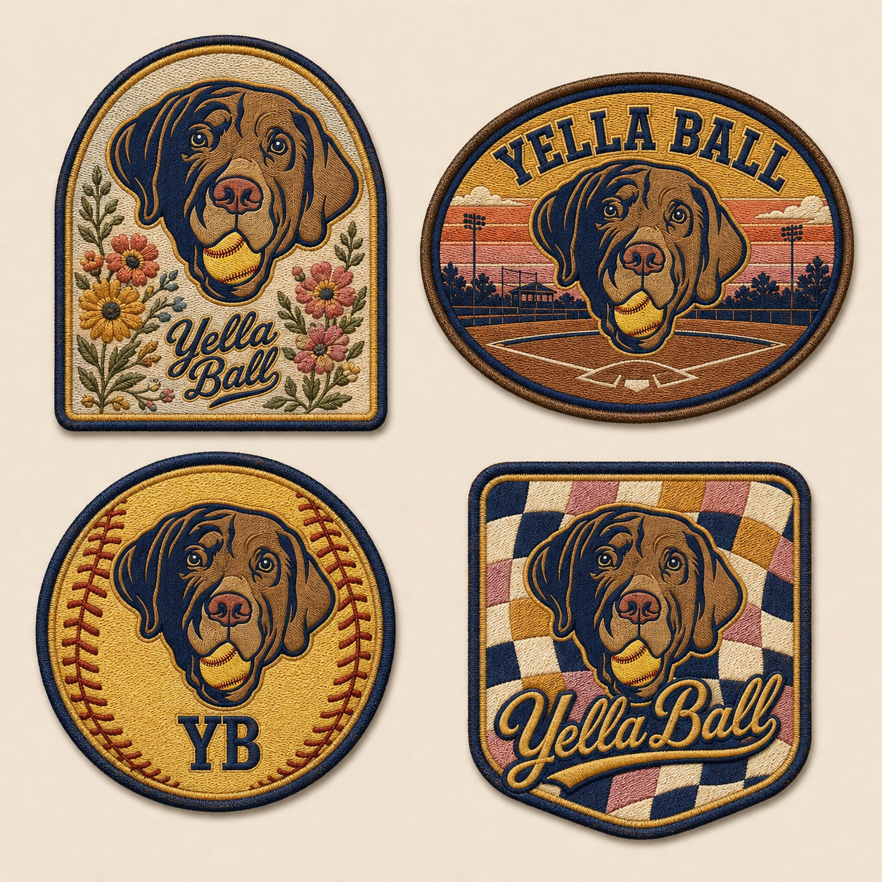 Four colorful embroidered Drake patch designs