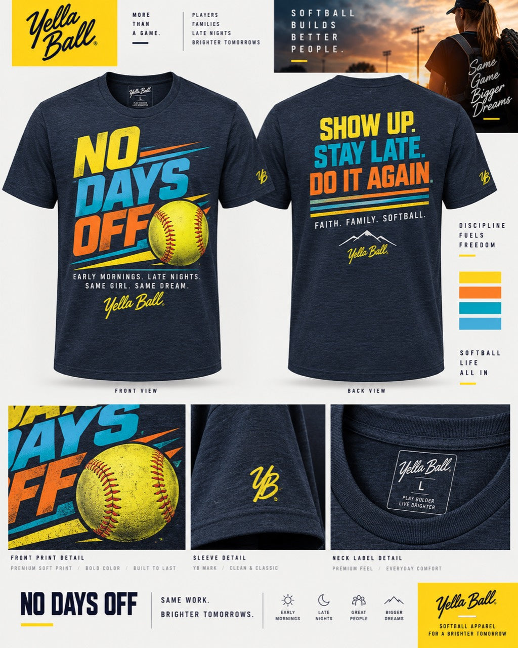 No Days Off shirt, front, back and colorful print details
