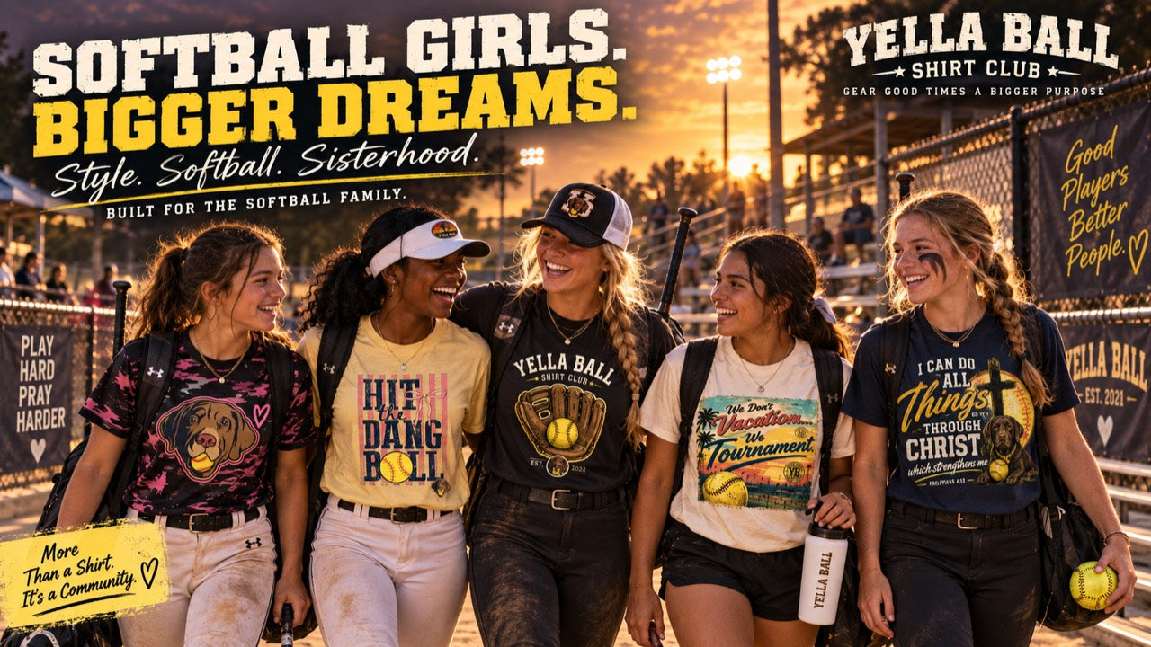 Five softball teammates together at the field: Softball girls, bigger dreams